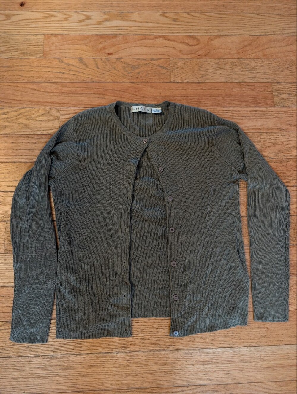 Vintage Y2K 2000s Chaus 100% Silk Knit Cardigan Taupe Olive Green Minimalist Vtg